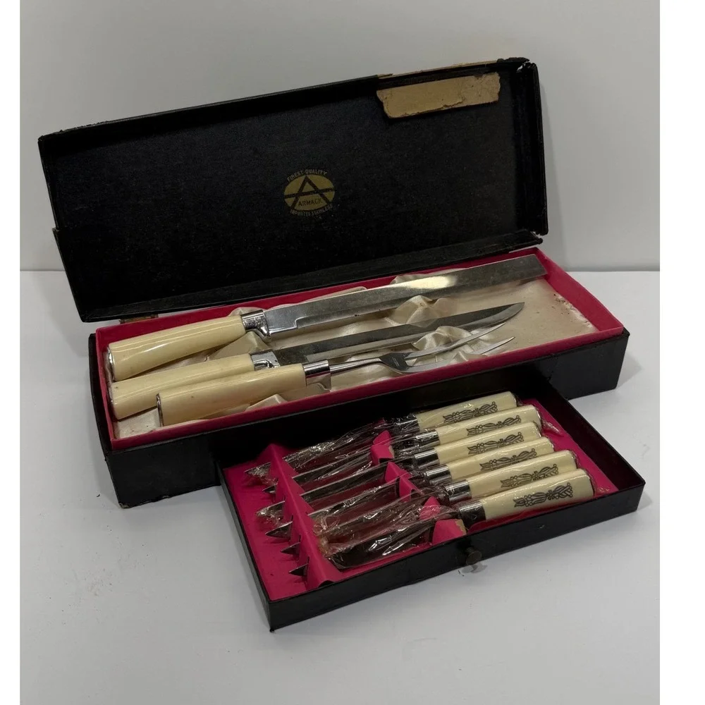 Armack Solingen Germany Vintage 9pc Steak Knife Carving Set Cream Floral Handles